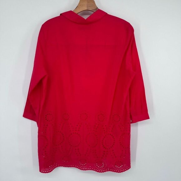 Foxcroft Red Tunic Top embroidered Eyelet Hem Size 10 Cotton popover - Picture 11 of 13